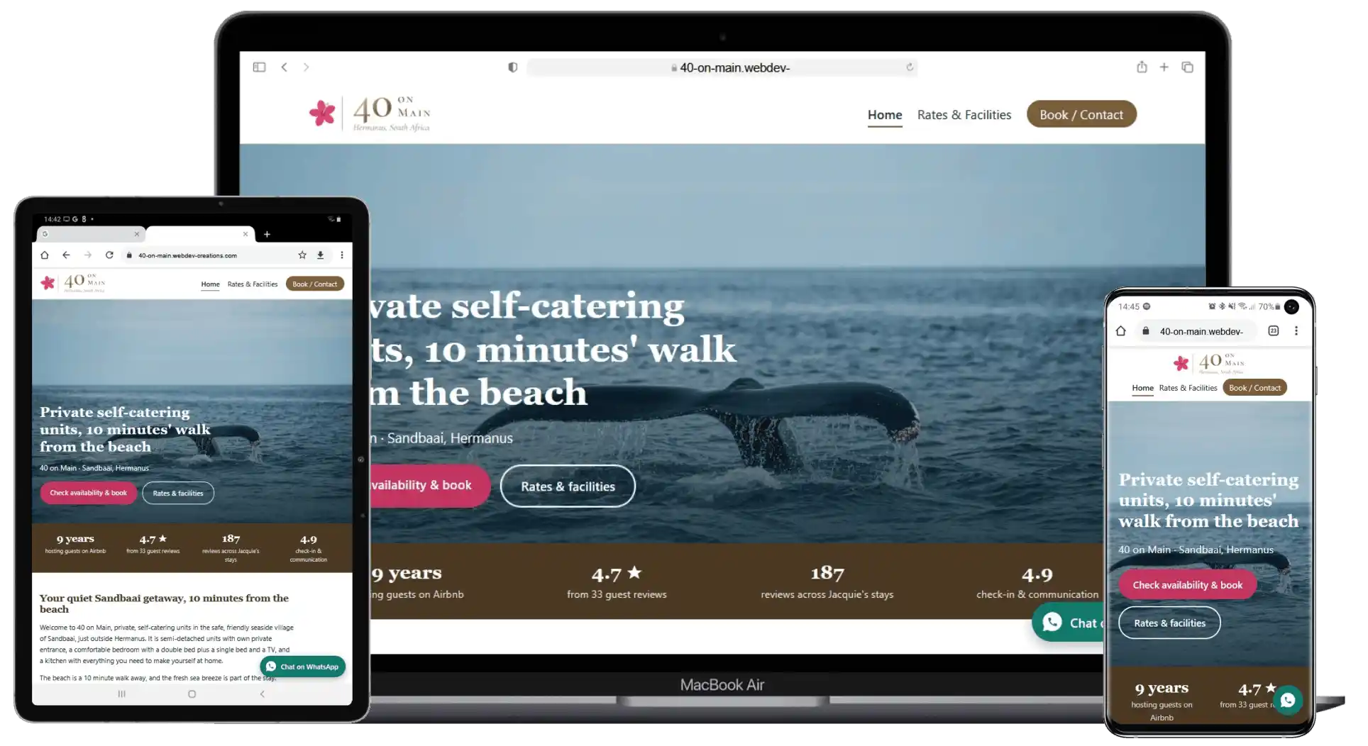 Airbnb host website example: 40 on Main self-catering, Hermanus, on laptop, tablet and phone
