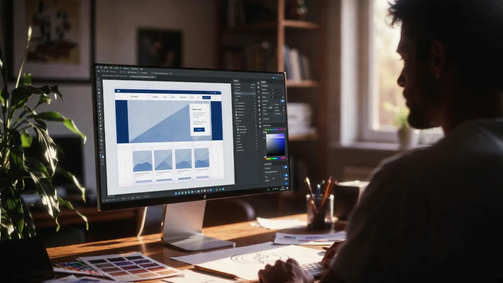 A designer laying out a custom website on a large monitor at their desk