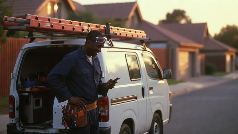 A tradesperson checking a customer enquiry on a phone beside their work van