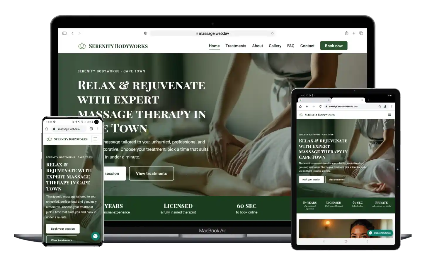 Massage therapist booking website shown on laptop, tablet and phone: Serenity Bodyworks, with online booking