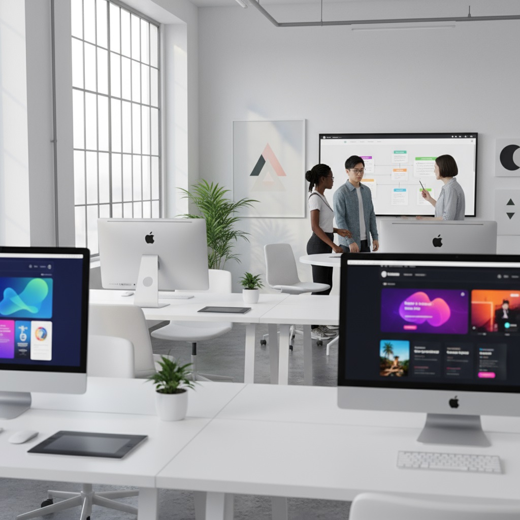 A modern, bright office with large windows, white desks, and iMac computers. Three people stand discussing near a screen displaying charts. Green plants and minimalist wall art decorate the space.