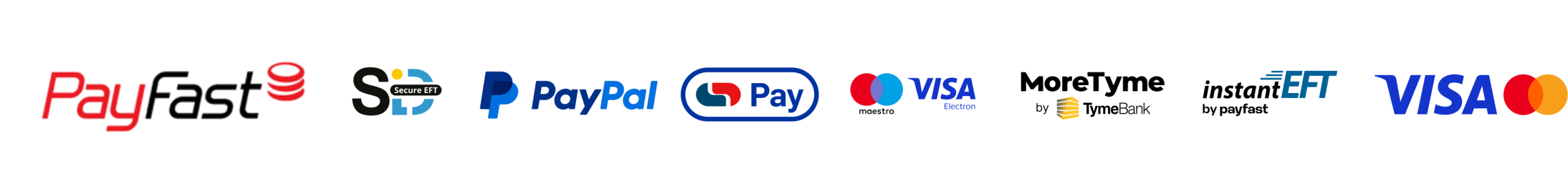A row of logos for payment methods including PayFast, SnapScan, PayPal, Samsung Pay, VISA, MasterCard, MoreTyme by TymeBank, Instant EFT by PayFast, and VISA Electron, on a white background.