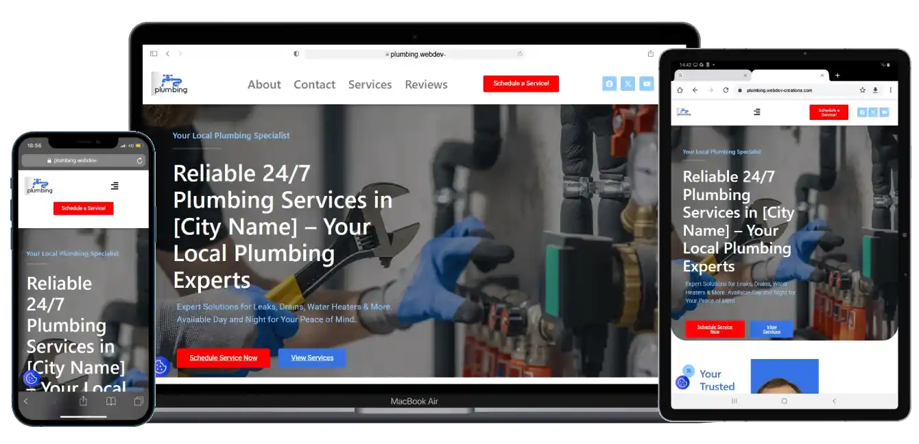 A plumber working on pipes is shown on a plumbing website displayed on a laptop, tablet, and smartphone, demonstrating the sites responsive design and consistent branding across devices.