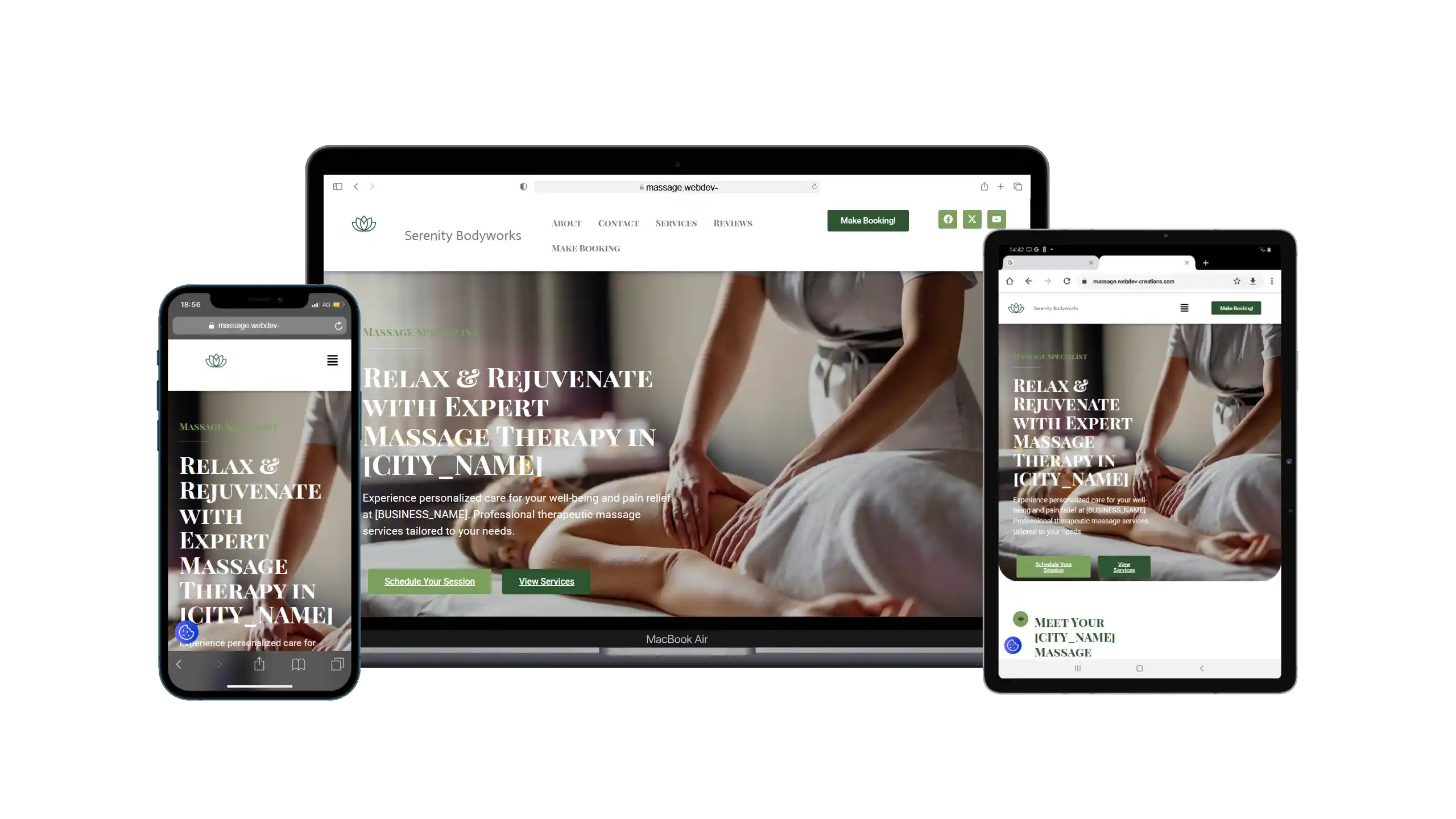 A responsive website for Serenity Bodyworks is displayed on a smartphone, laptop, and tablet, showing a homepage with a massage photo, navigation menu, and prominent booking buttons.