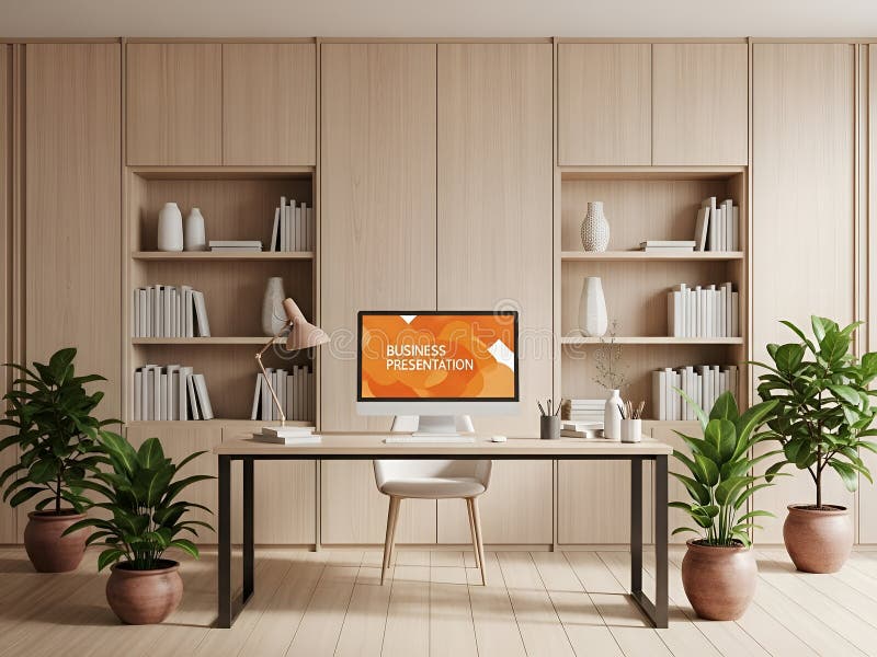 Modern home office with a desk, computer displaying “Business Presentation,” bookshelves with books and decor, potted plants, and a minimalist style featuring light wood tones and neutral colors.
