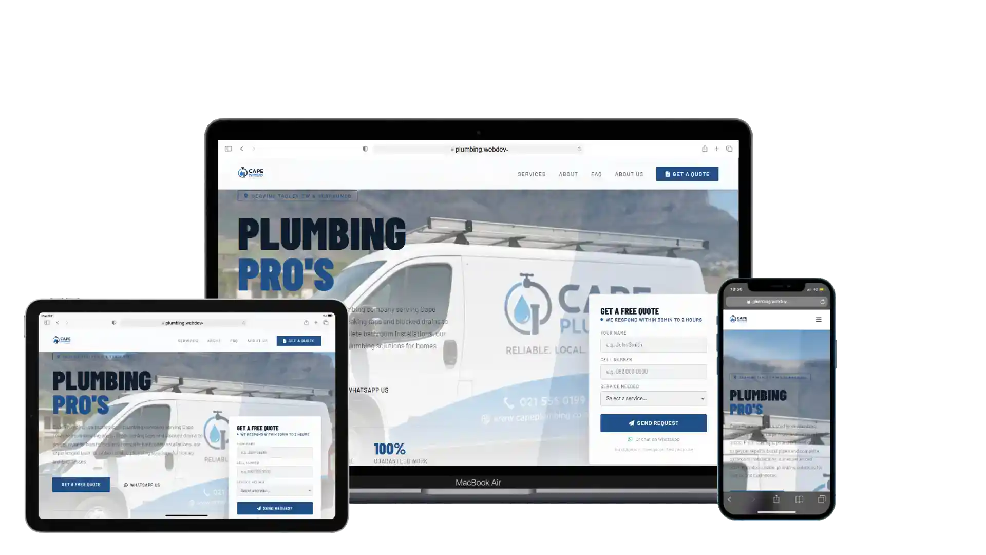 A responsive plumbing website is displayed on a tablet, laptop, and smartphone screen, all showing the same homepage with a white work van, blue text, and a contact form.