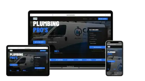 A plumbing service website displayed on a laptop, tablet, and smartphone, showing responsive design with blue, black, and white colors. The homepage features a van and a call-to-action button for a free quote.