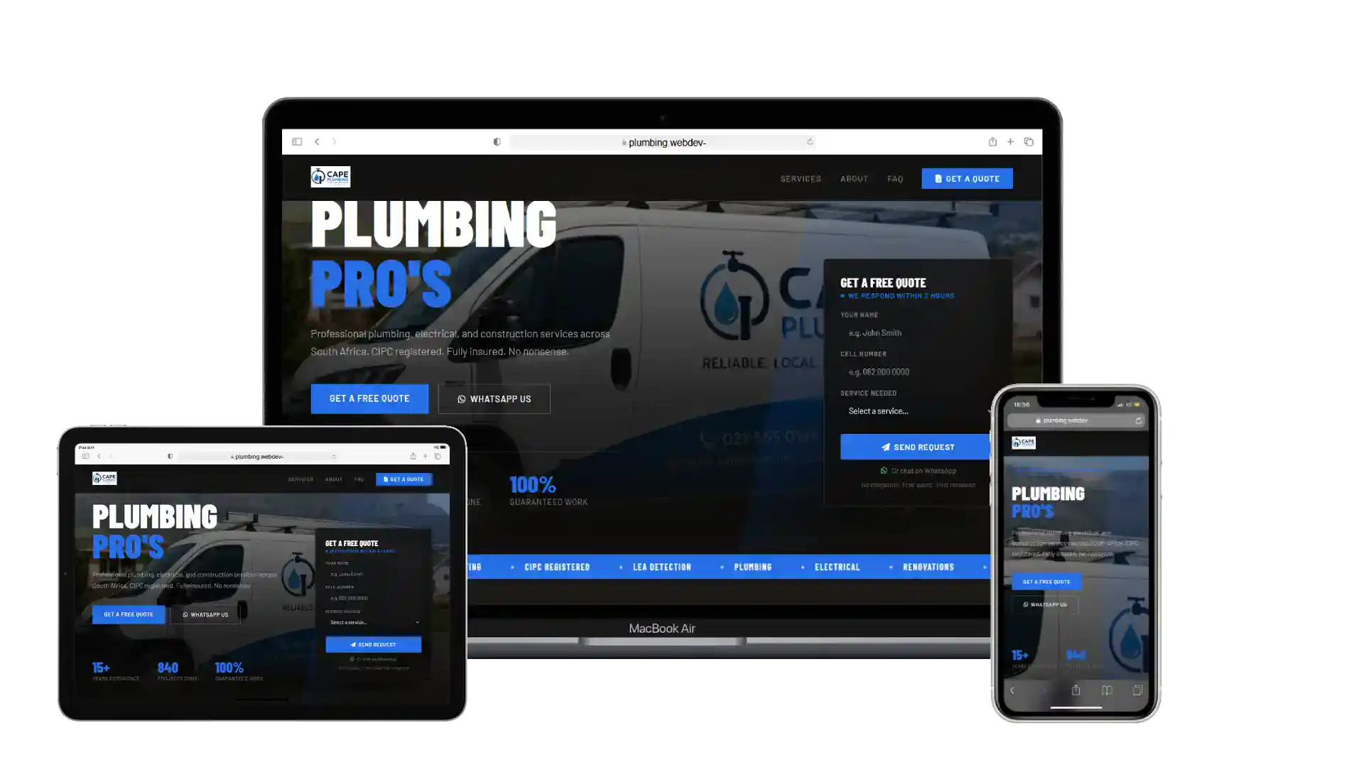 A plumbing service website displayed on a laptop, tablet, and smartphone, showing responsive design with blue, black, and white colors. The homepage features a van and a call-to-action button for a free quote.